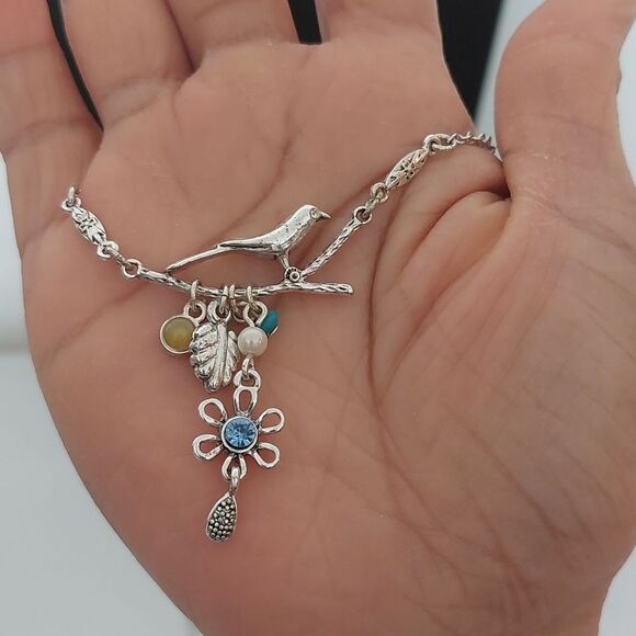 Avon Dewey Dazzle Bird Twig Flowers Pendant Necklace Cottage Core Statement - Picture 3 of 8